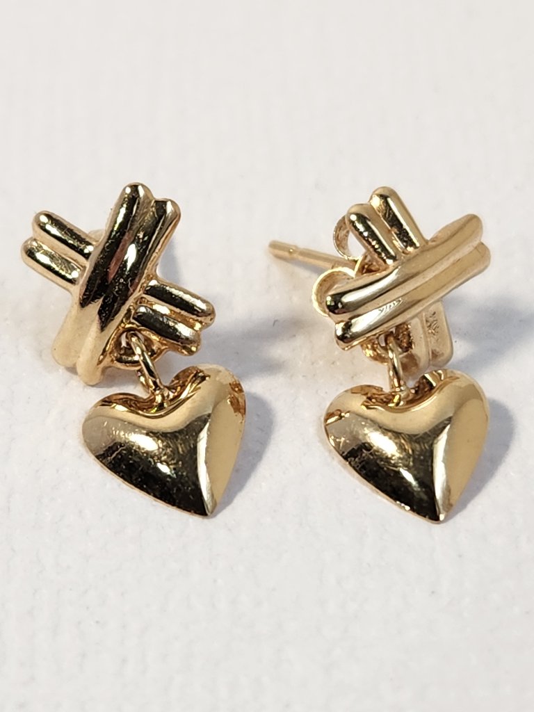 True Vtg 585 14k Gold Puffy Heart X Dangle Stud Earrings Signed